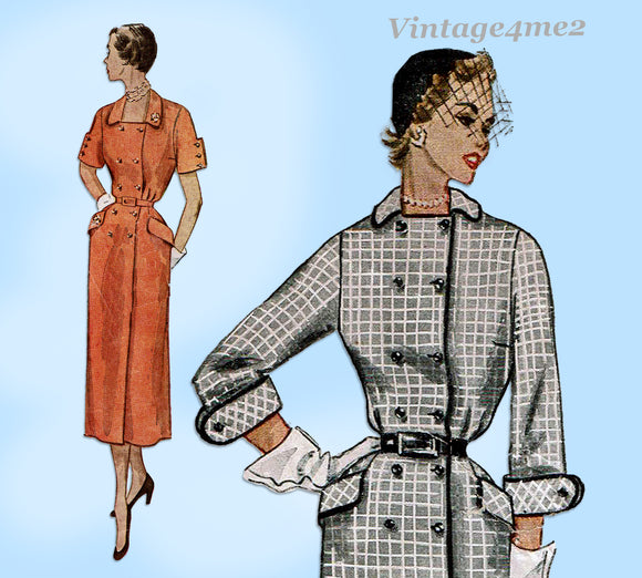 Simplicity 3308: 1950s Stylish Misses Coat Dress Sz 37 B Vintage Sewing Pattern