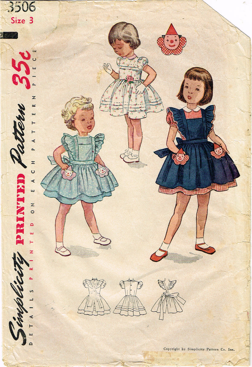 Simplicity 3506: 1950s Toddler Girls Dress & Pinafore Sz3 Vintage Sewi ...