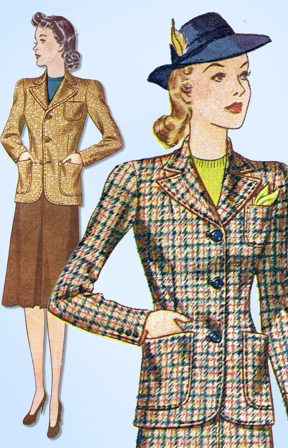 1940s Original Vintage Simplicity Pattern 3652 WWII Misses Tailored Suit Sz 32 B