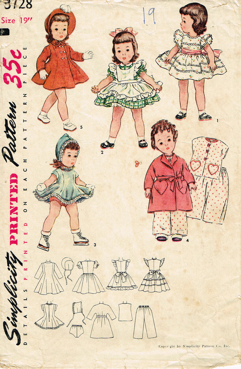 1950s Vintage Simplicity Sewing Pattern 3728 19 Inch Toni Doll Clothes ...