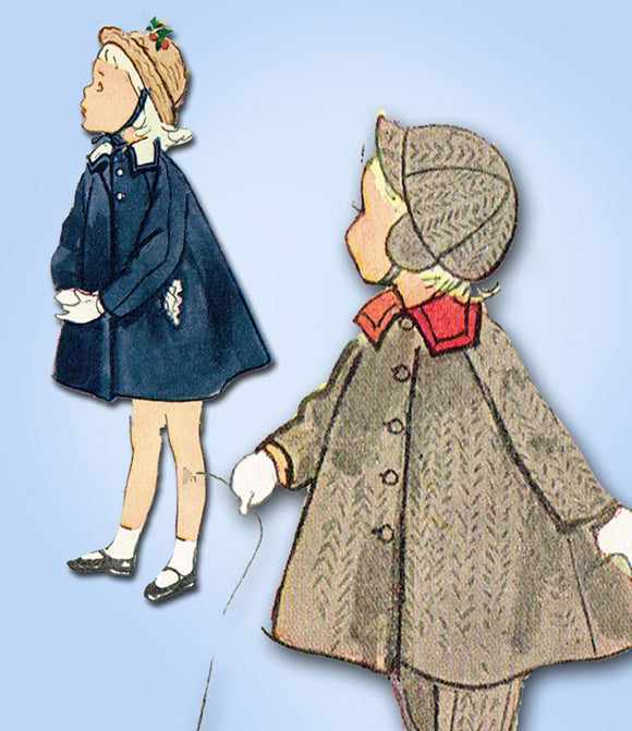 1950s Vintage Simplicity Sewing Pattern 3754 Toddler's Flared Coat and Hat Sz 3