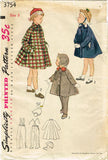 1950s Vintage Simplicity Sewing Pattern 3754 Toddler's Flared Coat and Hat Sz 3