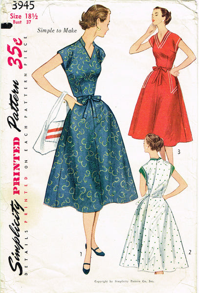 Simplicity 3945: 1950s Charming Misses Wrap Dress Sz 37 B Vintage Sewing Pattern