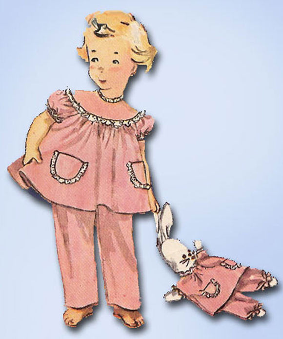 1950s Vintage Toddler Girls Pjs & Doll Uncut Simplicity Sewing Pattern 4102 Sz 4