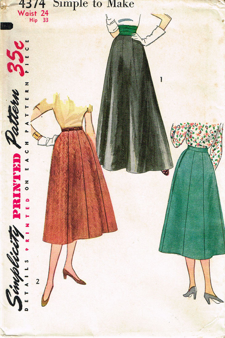 1950s Vintage Simplicity Sewing Pattern 4374 Uncut Misses Skirt Sz 24W ...