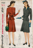 1940s Vintage Simplicity Sewing Pattern 4430 Misses WWII Suit Tie Jacket Sz 29 B