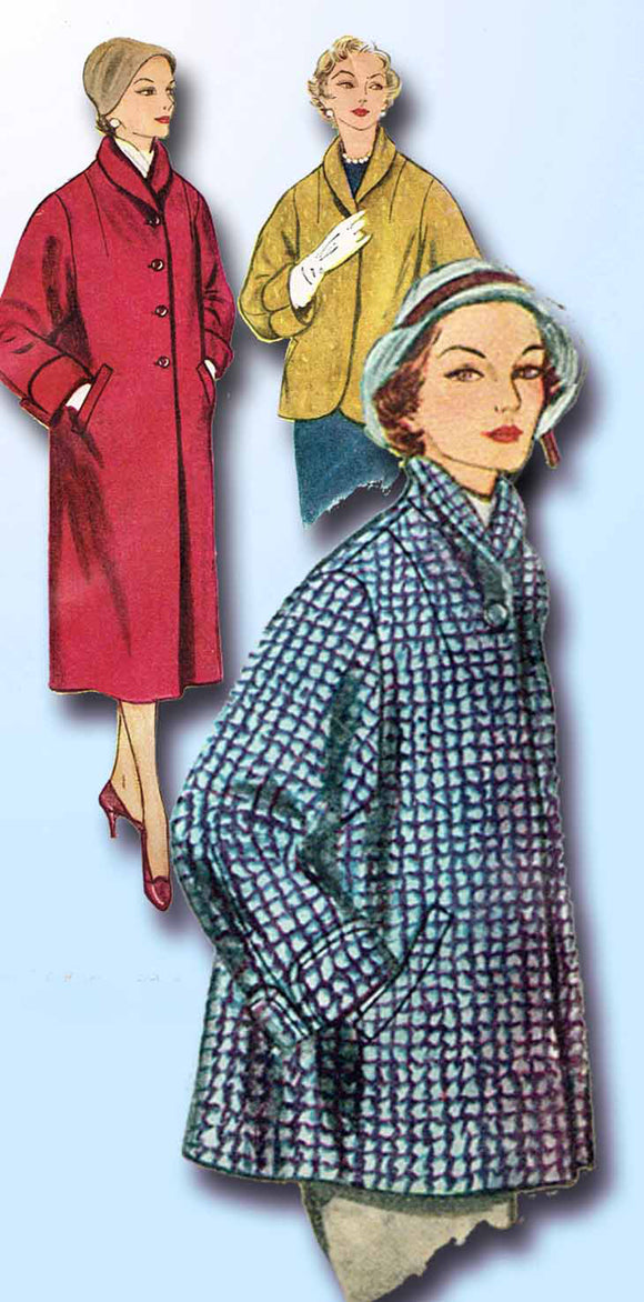 1950s Original Vintage Simplicity Pattern 4437 Uncut Misses Swagger Coat Sz 30 B