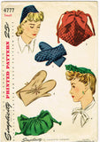 1940s Vintage Simplicity Sewing Pattern 4777 Charming WWII Hat Purse Mittens Sz Med