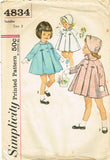 1960s Vintage Simplicity Sewing Pattern 4834 Sweet Baby Girls Coat & Bonnet Sz 3