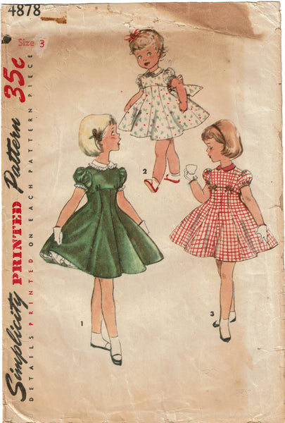 Simplicity 4878: 1950s Cute Toddler Girls Dress Vintage Sewing Pattern