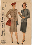 Simplicity 4915: 1940s Classic Misses WWII Suit Size 32 B Vintage Sewing Pattern