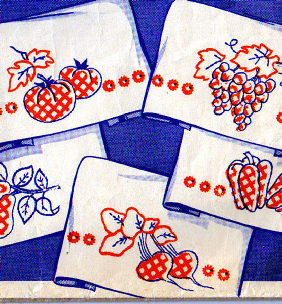 1940s Vintage Superior Embroidery Transfer 140 Uncut Gingham Fruit Tea Towels -Vintage4me2