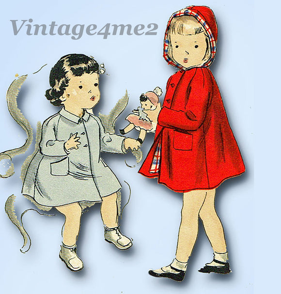 Vogue 2541: 1950s Toddler Girls Hooded Coat Size 2 Vintage Sewing Pattern - Vintage4me2