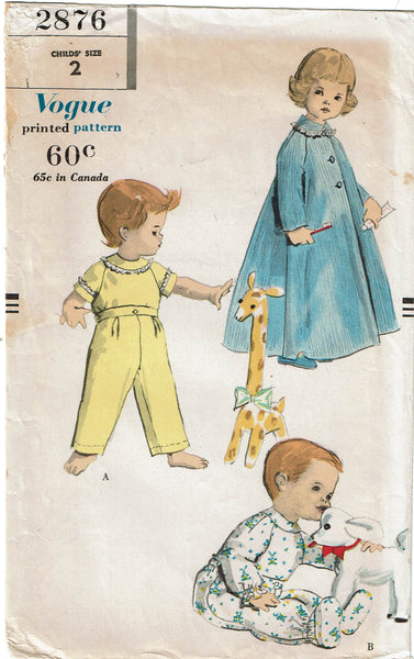 Vogue 2876: 1950s Toddlers Pajamas and Robe Set Sz 2 Vintage Sewing Pattern