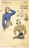 1940s Original Vintage Vogue Pattern 6260 Misses Blouse w Puff Sleeves Sz 30 B