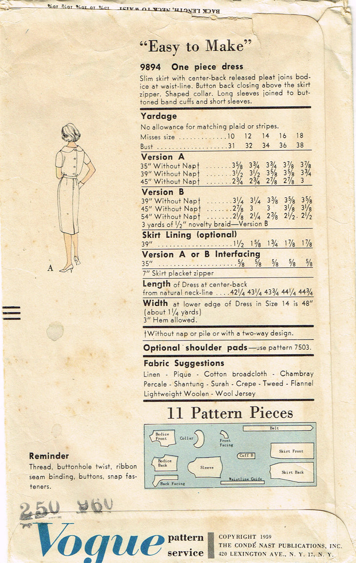 Vogue S-4243: 1950s Misses Dress Size 32 Bust Vintage Sewing Pattern –  Vintage4me2